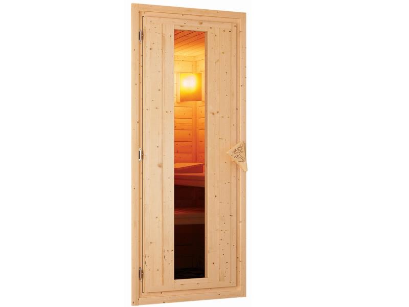 Karibu Sauna Bodin inkl. 9 kW Ofen ext. Steuerung, mit energiesparender Saunatür -mit Dachkranz-