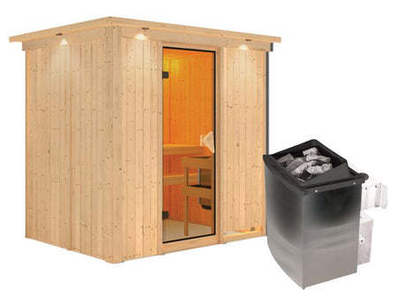 Karibu Sauna Bodin inkl. 9 kW Ofen integr. Steuerung, mit bronzierter Saunatür -mit Dachkranz-