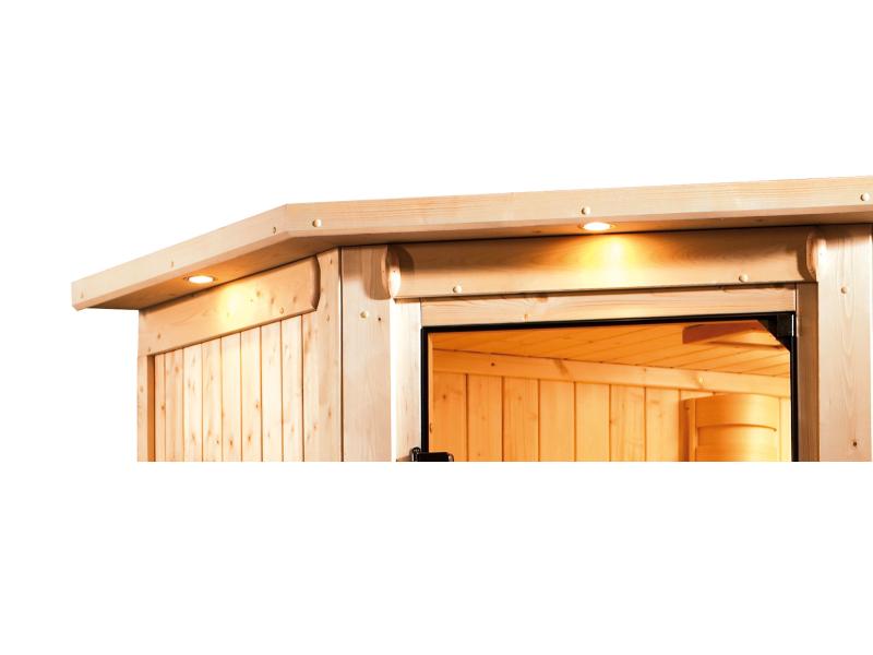 Karibu Sauna Bodin inkl. 9 kW Ofen integr. Steuerung, mit energiesparender Saunatür -mit Dachkranz-