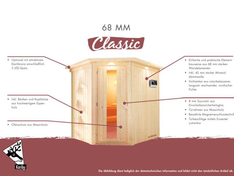 Karibu Sauna Bodin inkl. 9 kW Ofen integr. Steuerung mit moderner Saunatür -mit Dachkranz-