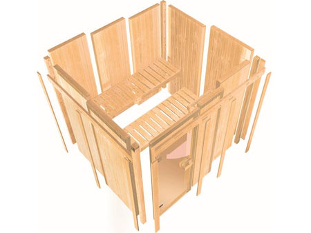 Karibu Sauna Bodin inkl. 9 kW Ofen integr. Steuerung mit moderner Saunatür -mit Dachkranz-