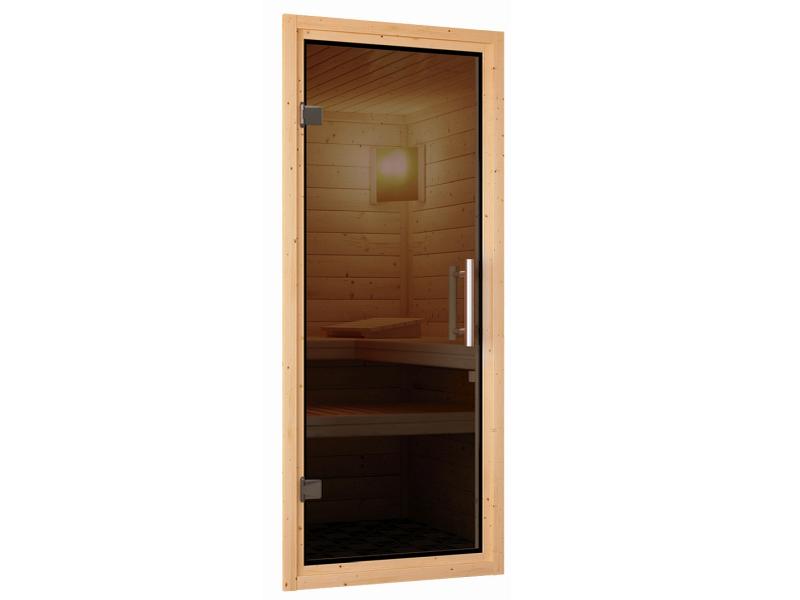 Karibu Sauna Bodin inkl. 9 kW Ofen integr. Steuerung mit moderner Saunatür -mit Dachkranz-
