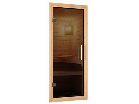 Karibu Sauna Bodin inkl. 9 kW Ofen integr. Steuerung mit moderner Saunatür -mit Dachkranz-