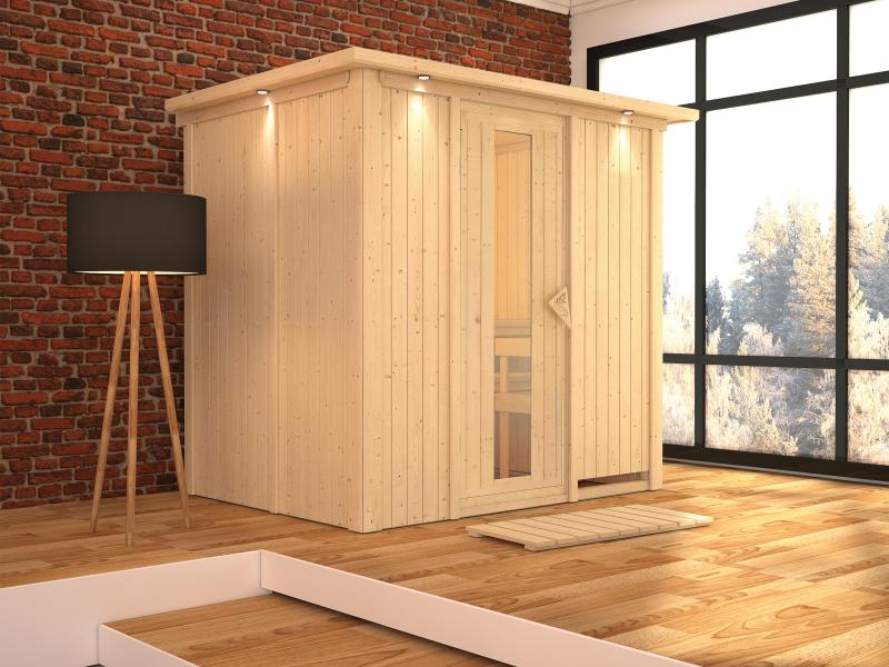 Karibu Sauna Bodin ohne Ofen, mit Dachkranz, mit energiesparender Saunatür