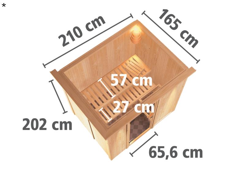 Karibu Sauna Bodin ohne Ofen, mit Dachkranz, mit moderner Saunatür
