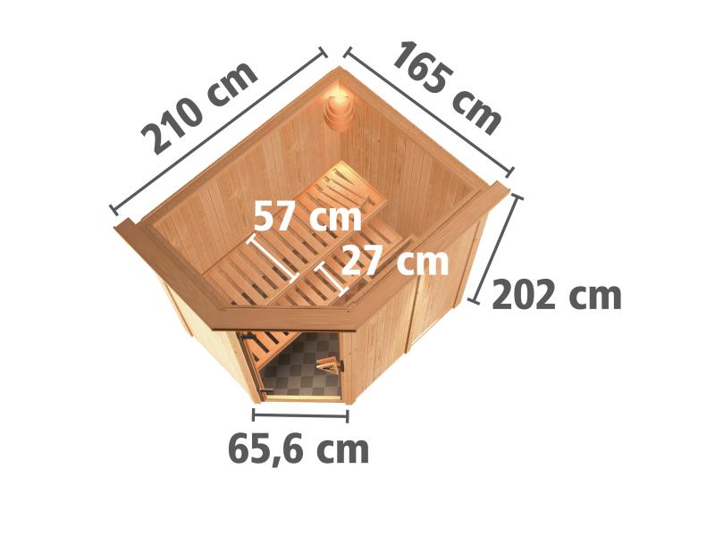 Karibu Sauna Carin inkl. 9 kW Bioofen ext. Steuerung mit Klarglas Ganzglastür - mit Dachkranz -