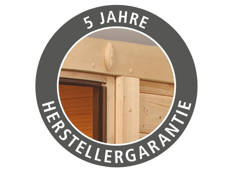 Karibu Sauna Carin inkl. 9 kW Ofen ext. Steuerung mit energiesparender Saunatür - mit Dachkranz -