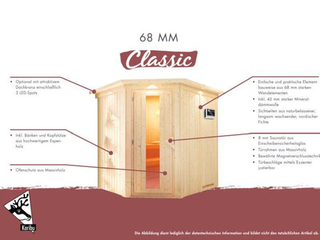 Karibu Sauna Carin inkl. 9 kW Ofen ext. Steuerung mit energiesparender Saunatür - mit Dachkranz -