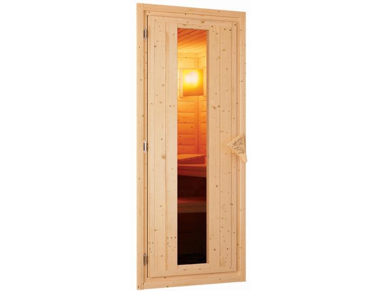 Karibu Sauna Carin inkl. 9 kW Ofen ext. Steuerung mit energiesparender Saunatür - mit Dachkranz -