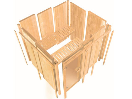 Karibu Sauna Faurin inkl. 9 kW Bioofen ext. Steuerung mit klassischer Saunatür -ohne Dachkranz-