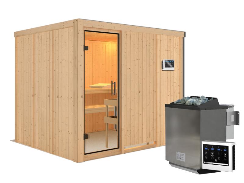 Karibu Sauna Gobin inkl. 9 kW Bio Ofen mit ext. Steuerung, ohne Dachkranz, mit Klarglas Ganzglastür
