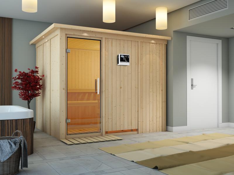 Karibu Sauna Gobin inkl. 9 kW Bio Ofen mit ext. Steuerung, mit Dachkranz, mit Klarglas Ganzglastür