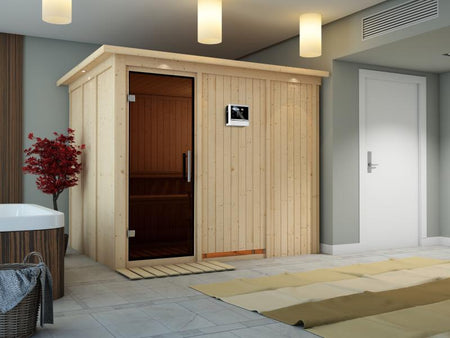 Karibu Sauna Gobin inkl. 9-kW-Ofen mit externer Steuerung, mit Dachkranz, mit moderner Saunatür