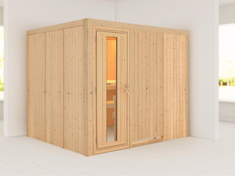 Karibu Sauna Gobin ohne Ofen, ohne Dachkranz, mit energiesparender Saunatür