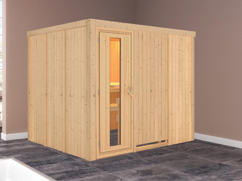 Karibu Sauna Gobin ohne Ofen, ohne Dachkranz, mit energiesparender Saunatür