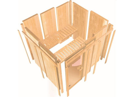 Karibu Sauna Gobin ohne Ofen, ohne Dachkranz, mit Klarglas Ganzglastür