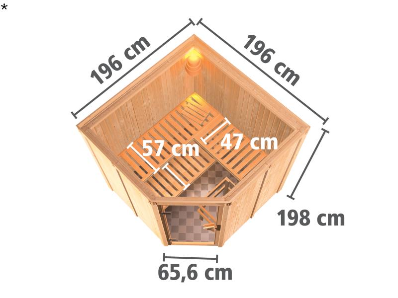 Karibu Sauna Jarin inkl. 9 kW Bio Ofen mit ext. Steuerung, ohne Dachkranz, mit Ganzglas Klarglastür