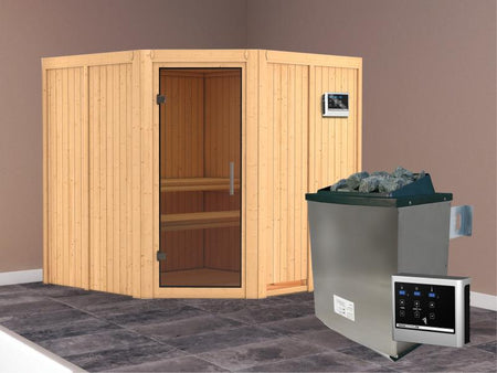 Karibu Sauna Jarin inkl. 9-kW-Ofen mit externer Steuerung, ohne Dachkranz, mit moderner Saunatür