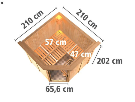 Karibu Sauna Jarin inkl. 9 kW Ofen mit int. Steuerung, mit Dachkranz, mit Ganzglas Klarglastür