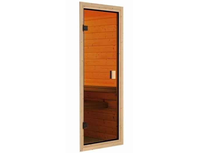 Karibu Sauna Jella inkl. 9 kW Ofen ext. Steuerung mit klassischer Saunatür -mit Dachkranz-