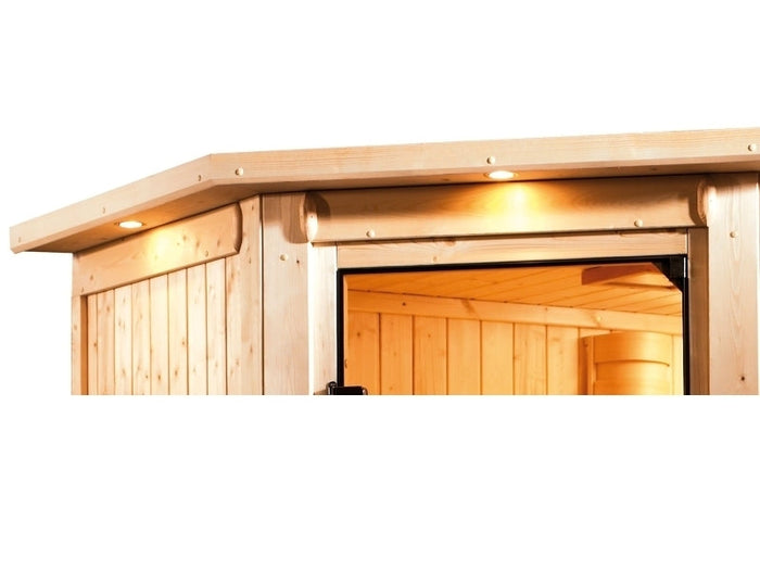 Karibu Sauna Jella inkl. 9 kW Ofen ext. Steuerung mit klassischer Saunatür -mit Dachkranz-