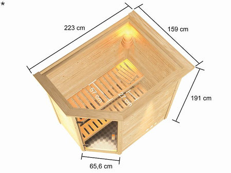 Karibu Sauna Jella mit 3,6 kW Ofen ext. Strg und Dachkranz 38 mm