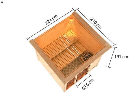 Karibu Sauna Jutta mit 9 kW Ofen integr. Strg und Dachkranz 38 mm