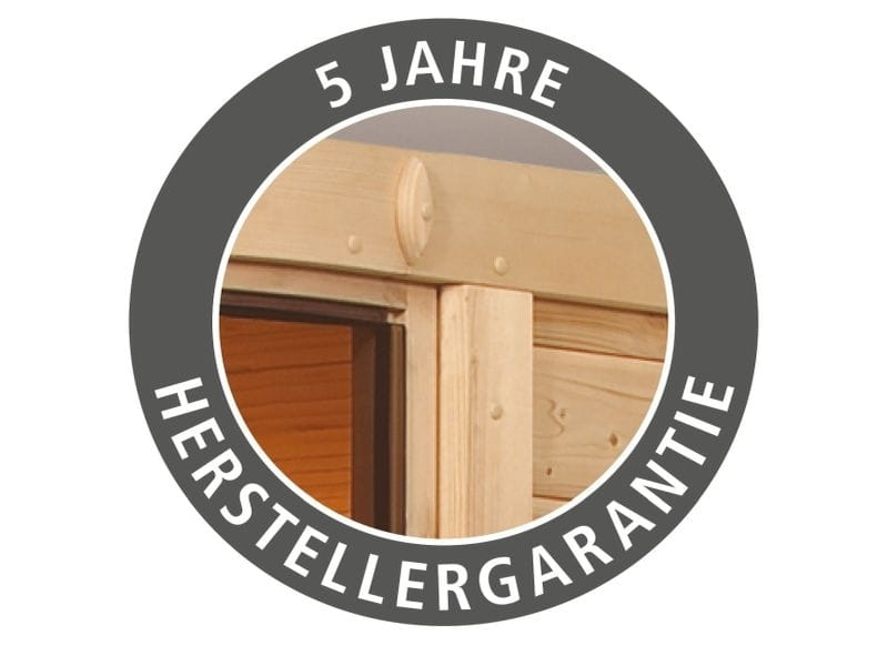 Karibu Sauna Larin inkl. 9 kW Bioofen externe Steuerung mit bronzierter Ganzglastür - mit Dachkranz