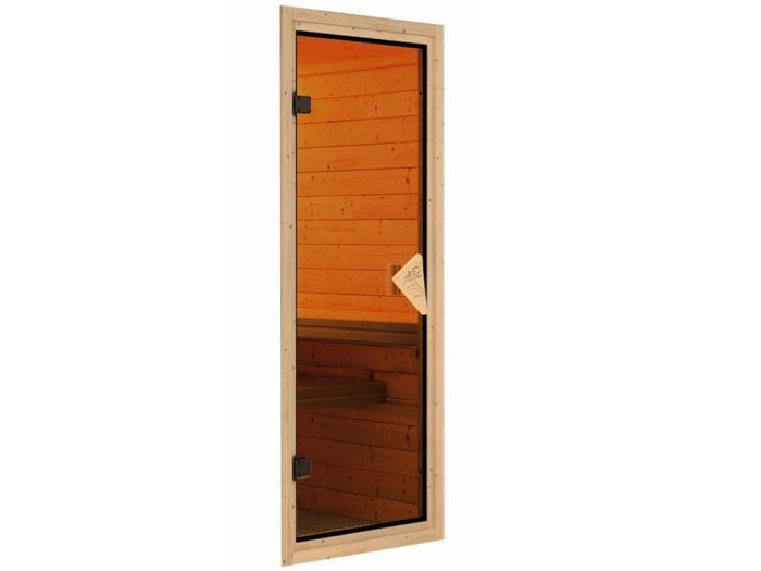 Karibu Sauna Larin inkl. 9 kW Bioofen externe Steuerung mit bronzierter Ganzglastür - mit Dachkranz