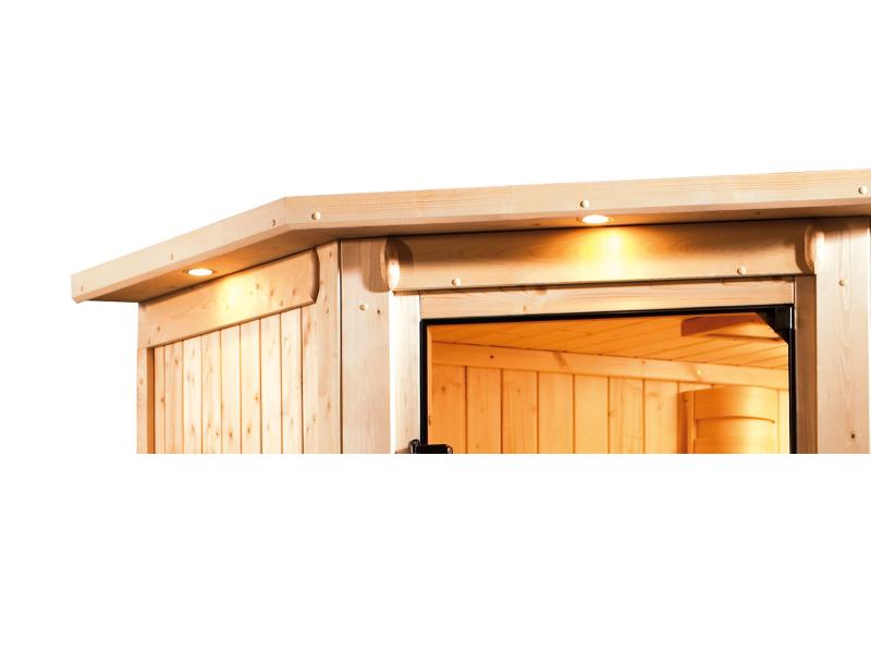 Karibu Sauna Larin inkl. 9 kW Bioofen externe Steuerung mit bronzierter Ganzglastür - mit Dachkranz