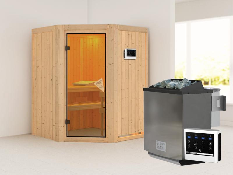 Karibu Sauna Larin inkl. 9 kW Bioofen externe Steuerung, mit bronzierter Ganzglastür - ohne Dachkran