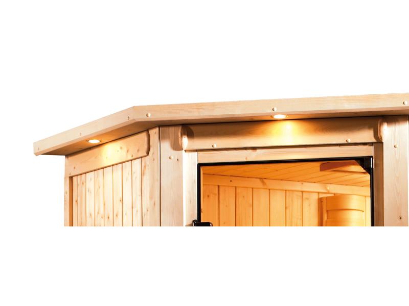 Karibu Sauna Larin inkl. 9 kW Ofen externe Steuerung, mit moderner Saunatür - mit Dachkranz -