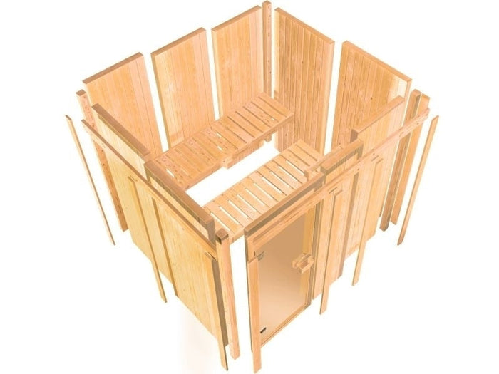 Karibu Sauna Larin inkl. 9 kW Ofen integrierte Steuerung,mit moderner Saunatür - mit Dachkranz -