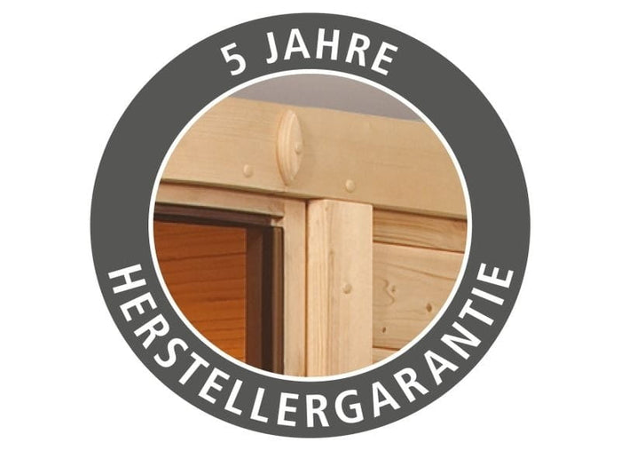 Karibu Sauna Larin inkl. 9 kW Ofen integrierte Steuerung,mit moderner Saunatür - mit Dachkranz -