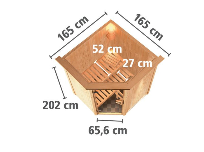 Karibu Sauna Larin inkl. 9 kW Ofen integrierte Steuerung,mit moderner Saunatür - mit Dachkranz -