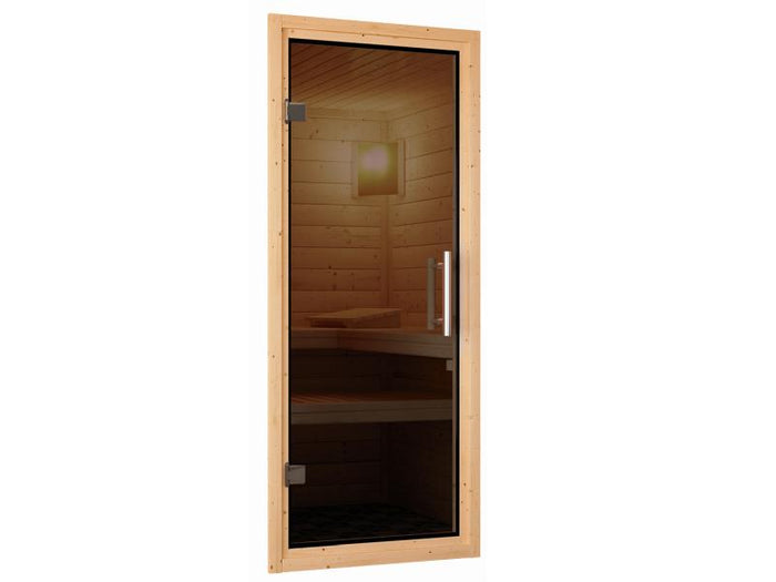 Karibu Sauna Larin inkl. 9 kW Ofen integrierte Steuerung,mit moderner Saunatür - mit Dachkranz -