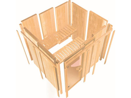 Karibu Sauna Larin inkl. 9 kW Ofen mit externer Steuerung, mit Dachkranz, mit energiesparender Sauna