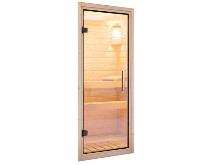 Karibu Sauna Larin inkl. 9kW Ofen integrierte Steuerung, mit Klarglas-Ganzglastür -mit Dachkranz-