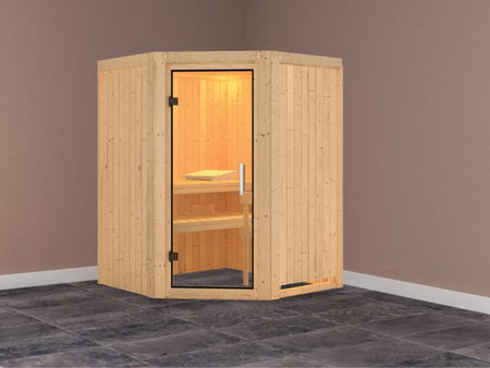 Karibu Sauna Larin ohne Ofen, ohne Dachkranz, mit Klarglas-Ganzglastür