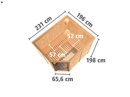 Karibu Sauna Malin inkl. 9 kW Bio Ofen mit ext. Steuerung, ohne Dachkranz, mit Klarglas Ganzglastür