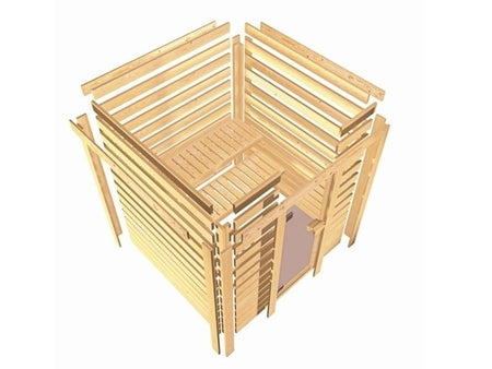 Karibu Sauna Mia inkl. 9 kW Bioofen ext. Steuerung, mit moderner Tür -mit Dachkranz-