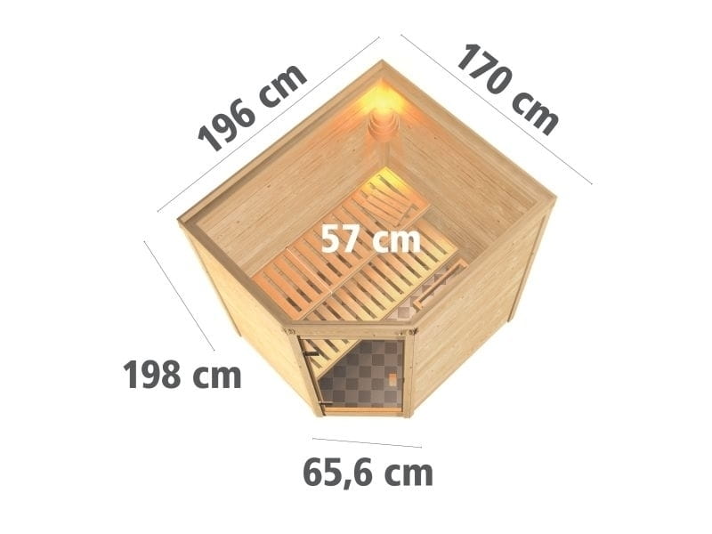 Karibu Sauna Mia inkl. 9 kW Bioofen ext. Steuerung, mit klassischer Saunatür -ohne Dachkranz-