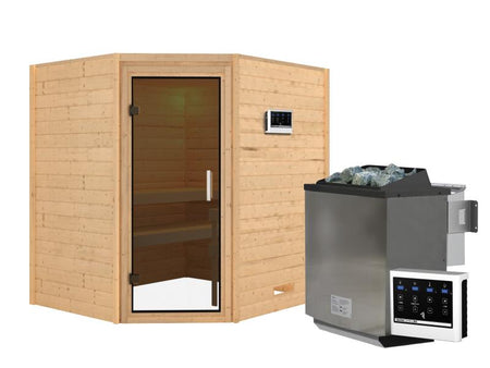 Karibu Sauna Mia inkl. 9 kW Bioofen ext. Steuerung, mit moderner Saunatür -ohne Dachkranz-