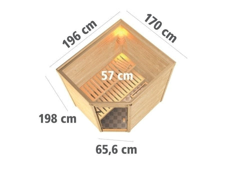 Karibu Sauna Mia inkl. 9 kW Bioofen ext. Steuerung, mit Klarglas Ganzglassaunatür -ohne Dachkranz-