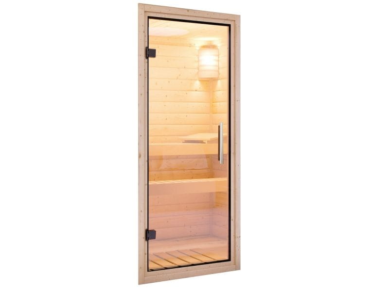 Karibu Sauna Mia inkl. 9 kW Bioofen ext. Steuerung, mit Klarglas Ganzglassaunatür -mit Dachkranz-