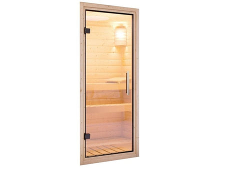 Karibu Sauna Mia inkl. 9 kW Bioofen ext. Steuerung, mit Klarglas Ganzglassaunatür -mit Dachkranz-