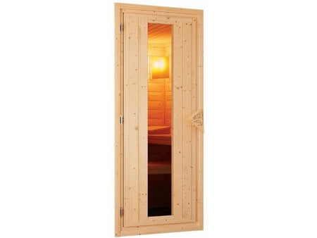 Karibu Sauna Mia inkl. 9 kW Ofen ext. Steuerung, mit energiesparender Saunatür -mit Dachkranz-