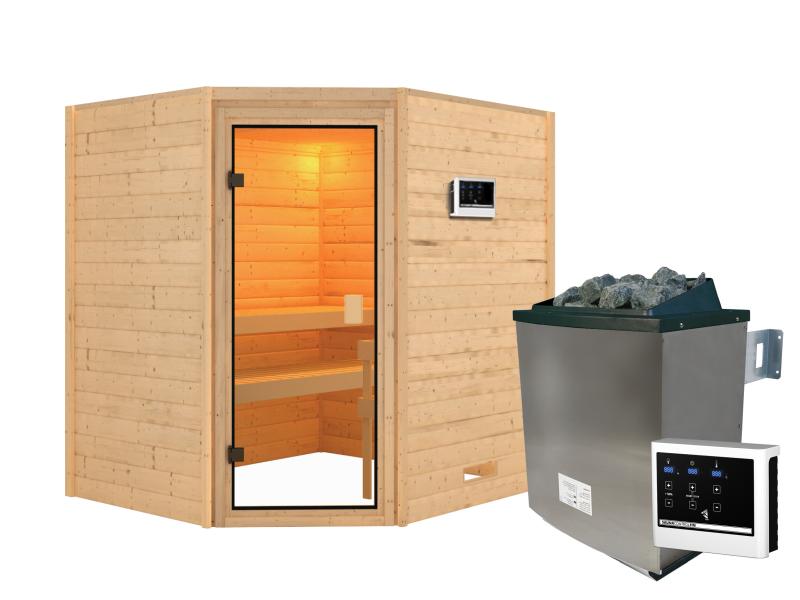 Karibu Sauna Mia inkl. 9 kW Ofen ext. Steuerung, mit klassischer Saunatür -ohne Dachkranz-