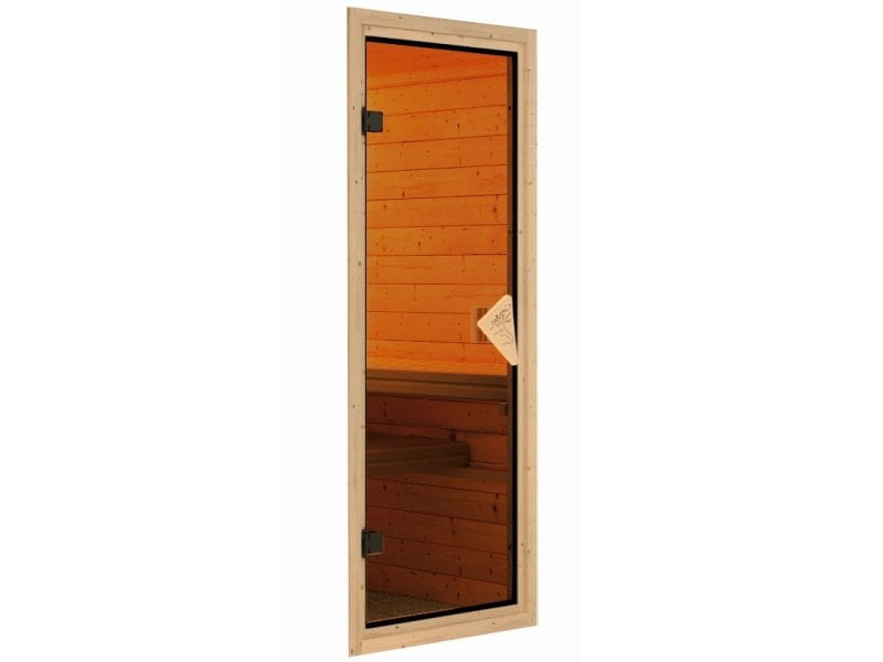 Karibu Sauna Mia inkl. 9 kW Ofen ext. Steuerung, mit klassischer Saunatür -mit Dachkranz-