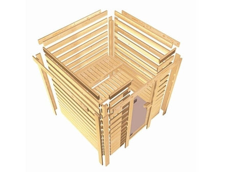 Karibu Sauna Mia inkl. 9 kW Ofen integr. Steuerung, mit Klarglassaunatür -mit Dachkranz-
